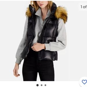 NWT AQUA Bloomingdales Faux Fur-trim BLACK Puffer Vest